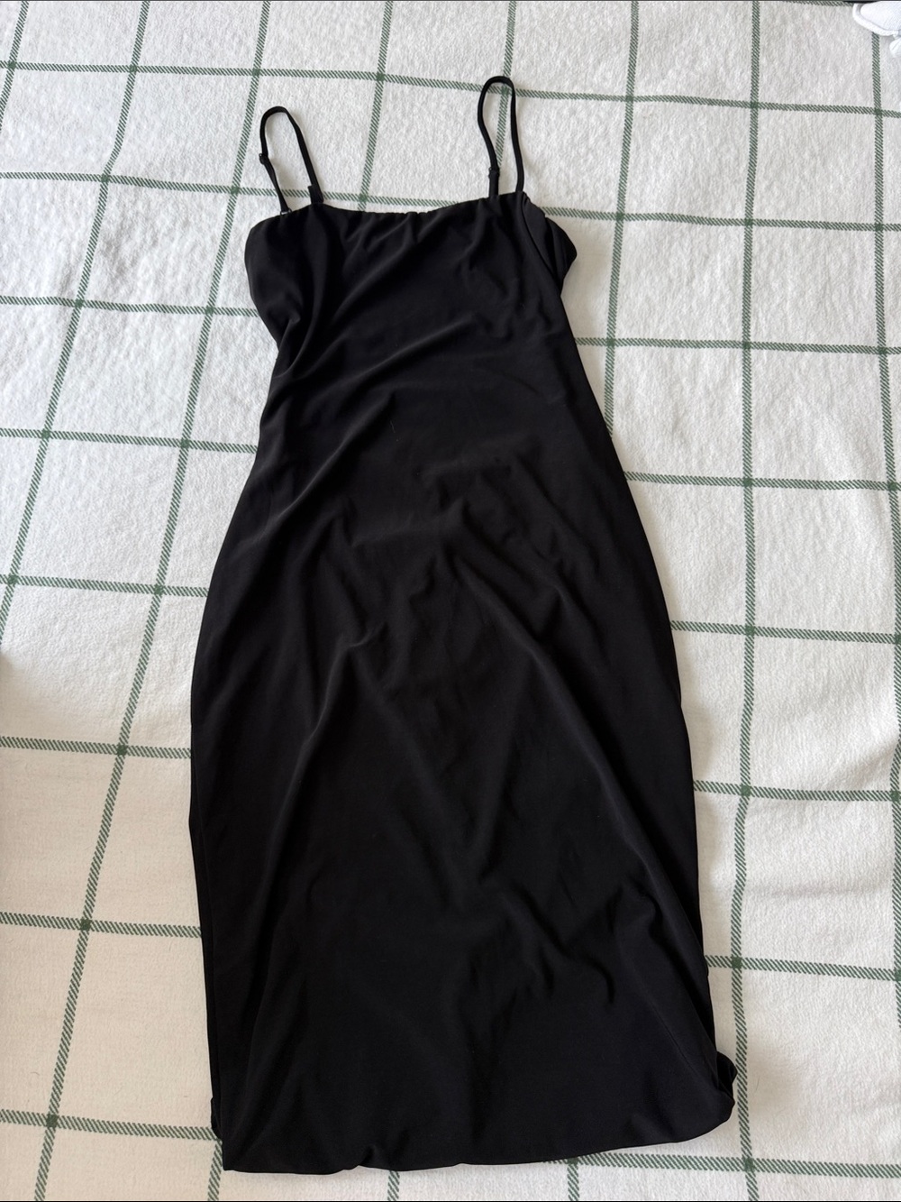 Lulu's Sleek Black Midi Slip Dress with Spaghetti Straps